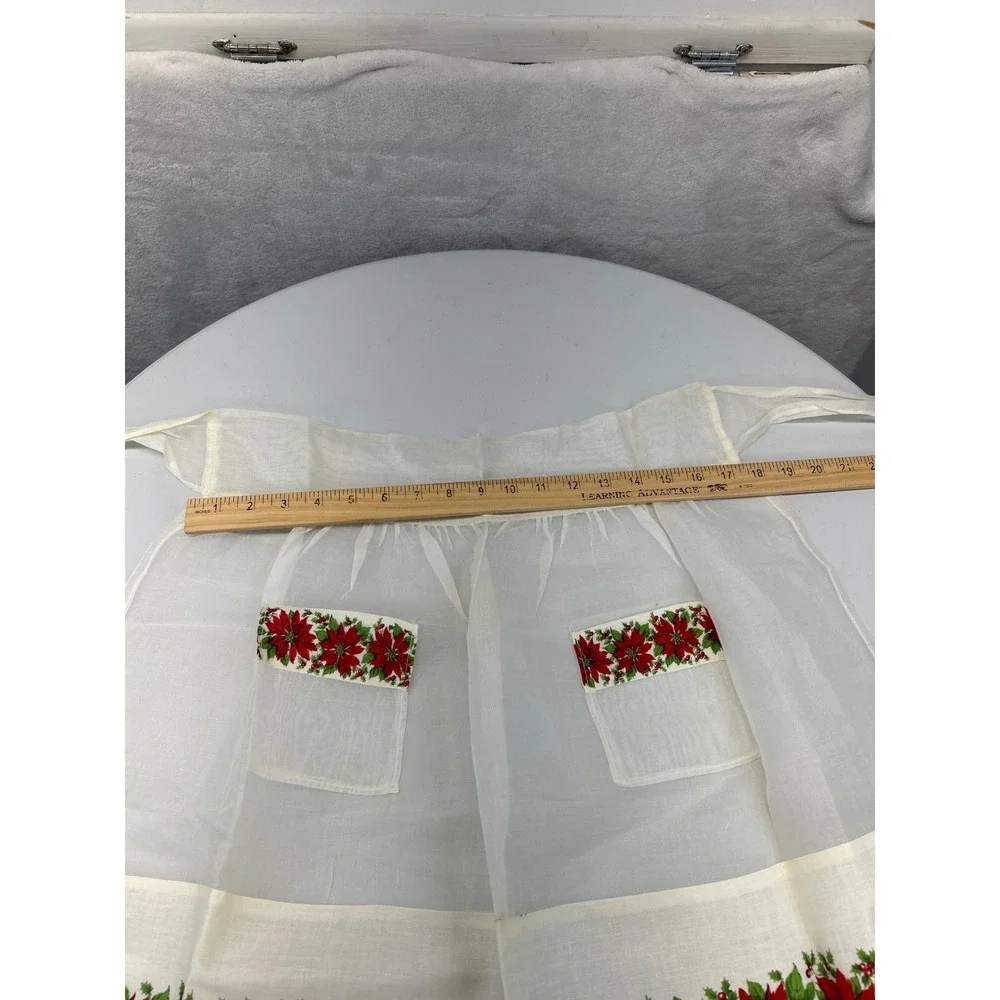 Vintage Half Apron Women White‎ Poinsettia Floral Christmas Sheer Pockets